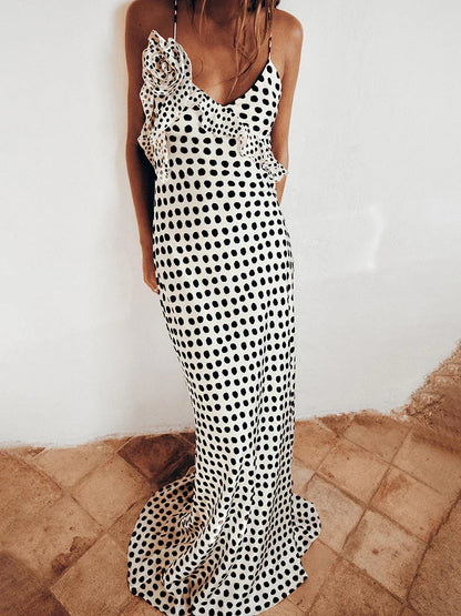 Backless  Print Dots Flower Women Maxi Dress Spaghetti Strap Evening Dress Autumn Skinny Elegant Party Clubwear
