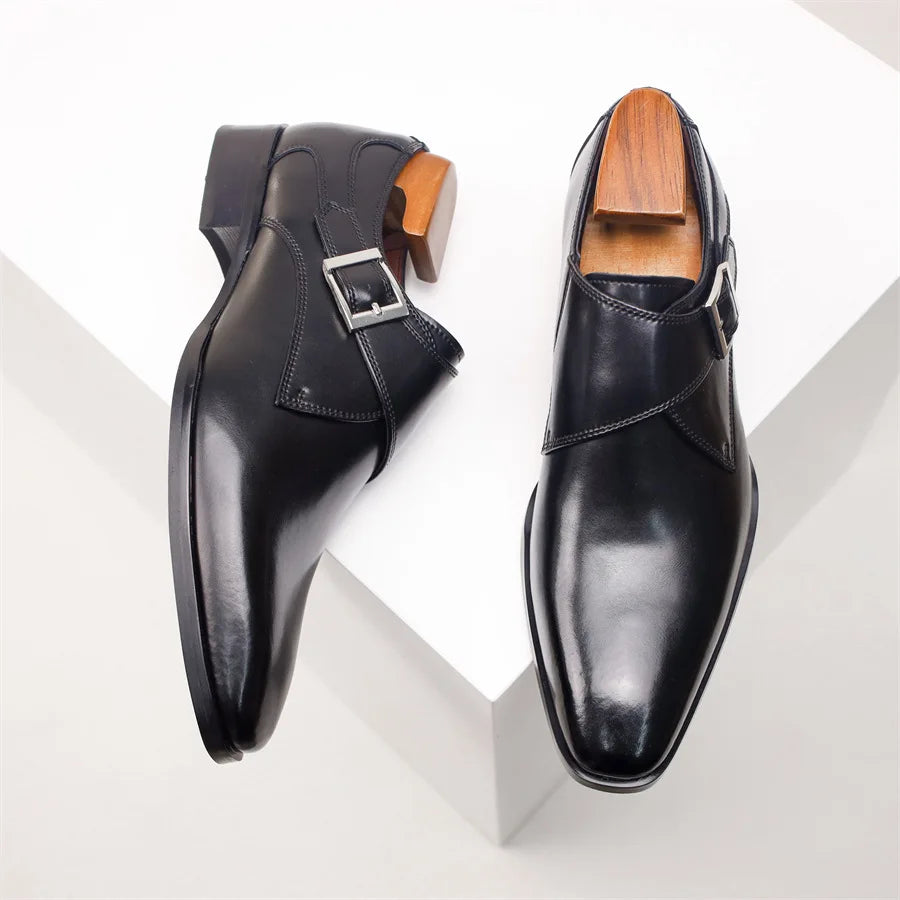 Men's Cow Leather Shoes Buckle Pointed Dress Shoes Men Classic Business Formal Social Office Party Wedding Shoes