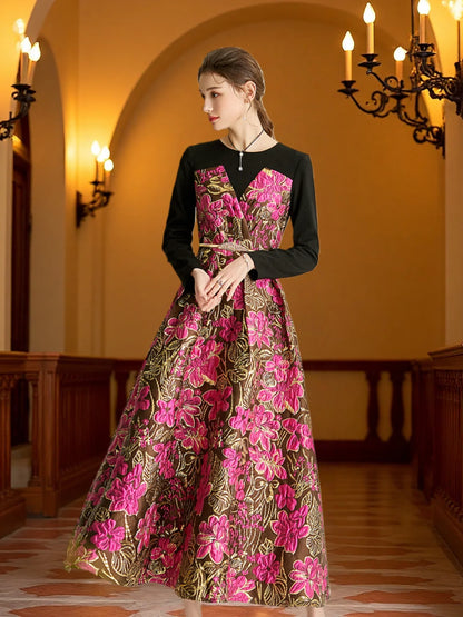 Elegant  Women Long Maxi Jacquard Dress New Party Evening Spliced Spring Autumn Vintage Floral Ball Gown