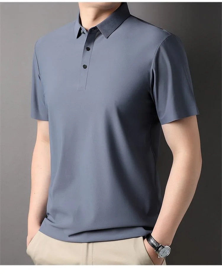 High quality wrinkle resistant ice silk short sleeve t-shirt men's summer Lapel loose casual solid color top high-end polo men