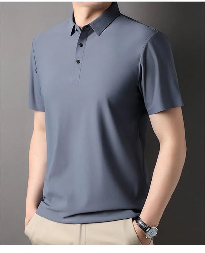 High quality wrinkle resistant ice silk short sleeve t-shirt men's summer Lapel loose casual solid color top high-end polo men