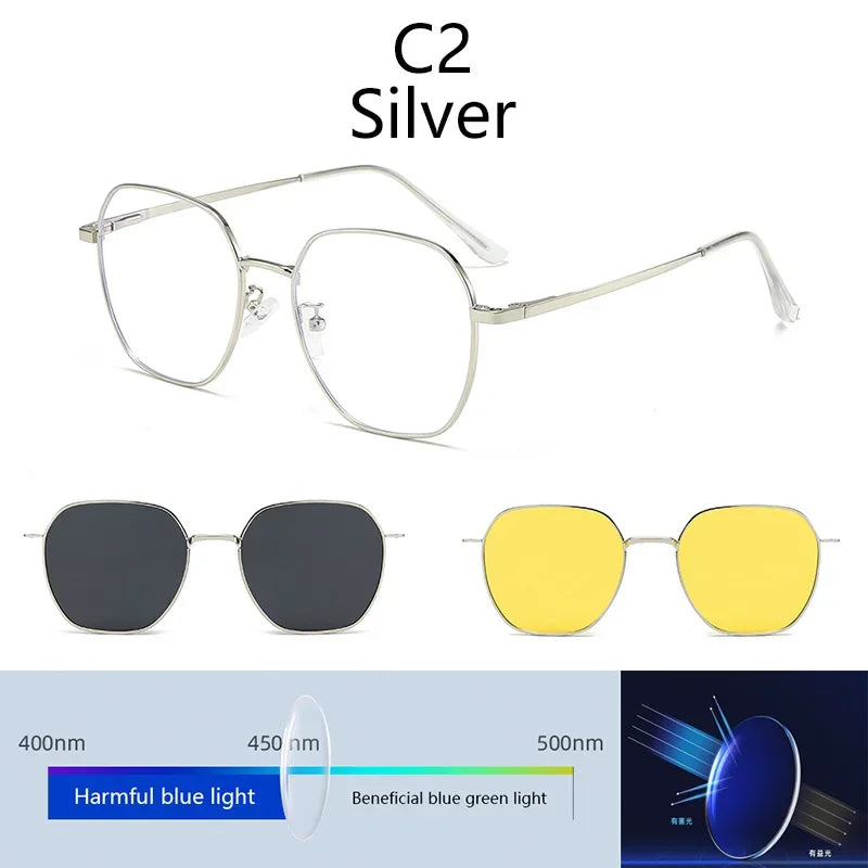 Sunglasses Men Women 3 In 1 Magnetic Clip On Glasses Hexagon Alloy Frame