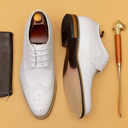 Luxury Men's Dress Shoes Genuine Leather Brogue Wingtip Toe Oxford White Lace-Up Business Wedding Formal Men Shoes