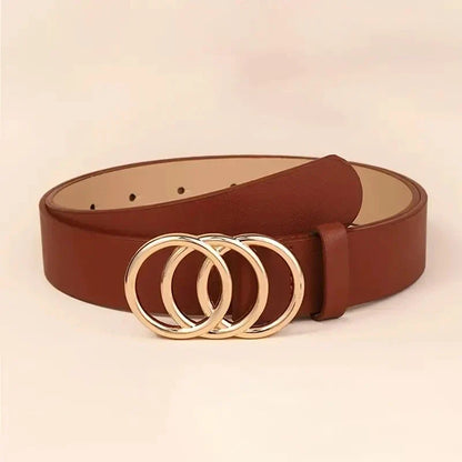 Golden Triple Ring Buckle Belts Simple Solid Color PU Leather Waistband Classic Jeans Pants Belt Dress Coat Girdle For Women