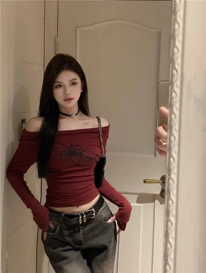 T Shirt Women Long Sleeve Off Shoulder Y2k Vintage Tops Streetwear Korean Style Crop Tops Autumn