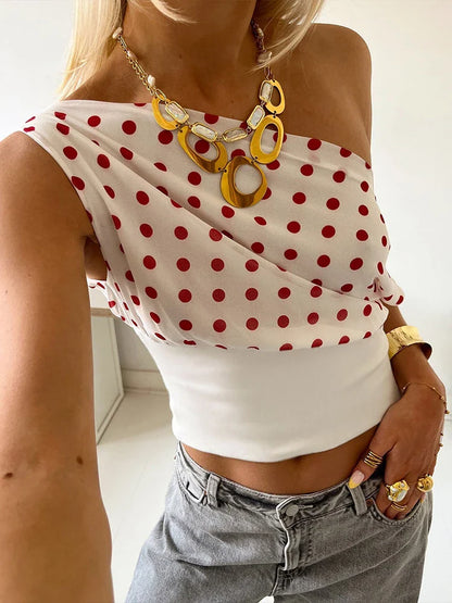 Puss Polka Dots Print T-Shirts Women Summer Trend Skew Collar Off Shoulder Backless Street Fashion Trend Ruched Crop Tops