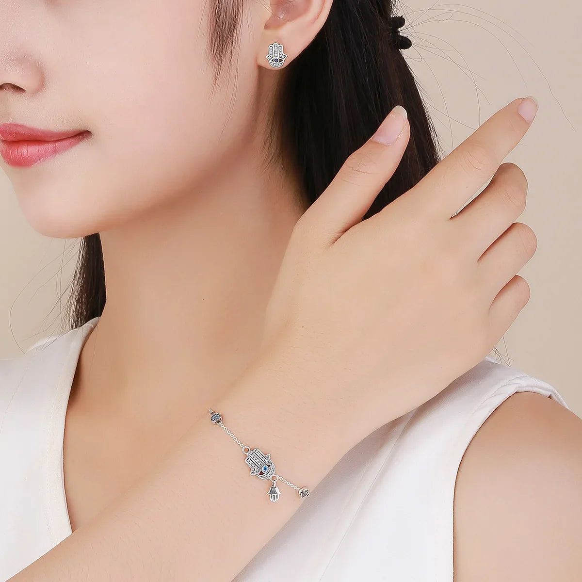 925 Sterling Silver Fatima Hand Lucky Chain Link Bracelet Blue Evil Eye Lobster Clasp Adjustable Hamsa Chain Bracelet