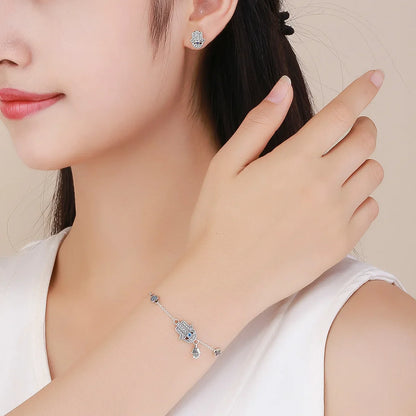 925 Sterling Silver Fatima Hand Lucky Chain Link Bracelet Blue Evil Eye Lobster Clasp Adjustable Hamsa Chain Bracelet