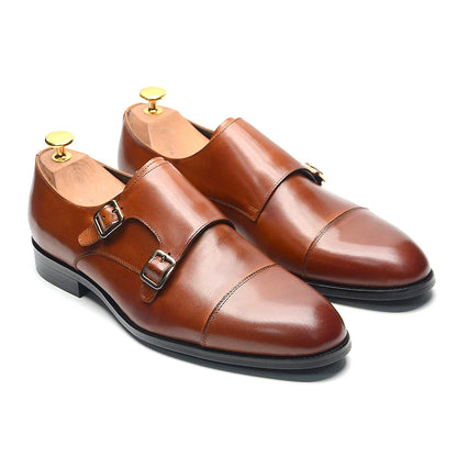 Luxury Men's Wedding Formal Shoes Genuine Leather Pure Brown Black Double Buckle Monk Strap Cap Toe Business Office Dress Shoes
