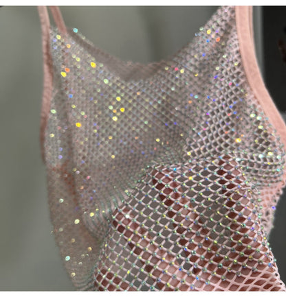 Summer New Mesh Diamond Crystal Short Halter Top AB Color Diamond Sexy Inner Shining Waistless Tops