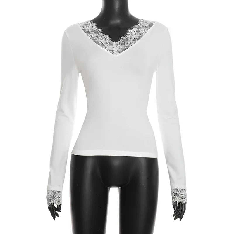 V neck Lace T shirt Top Women Sexy Navel Exposed Pullover Fashion Splice Hot Girl Club Party Top Autumn New Lady T shirt