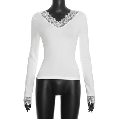 V neck Lace T shirt Top Women Sexy Navel Exposed Pullover Fashion Splice Hot Girl Club Party Top Autumn New Lady T shirt