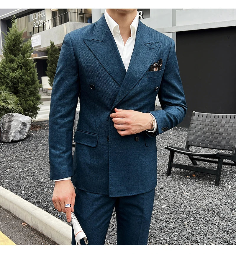 Men Vintage Luxury Double Breasted Slim Fit Lapel Evening Gown ltalian Style Fashion High-end Groom Wedding Party Tuxedo 2 Piece