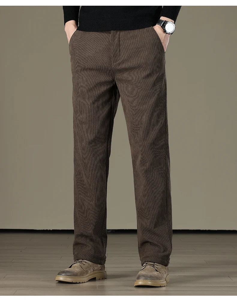 Winter Men Business Fleece Thick Casual Pants Straight Velvet Corduroy Warm Cold Resistant Bottoms Elastic Waist Trousers