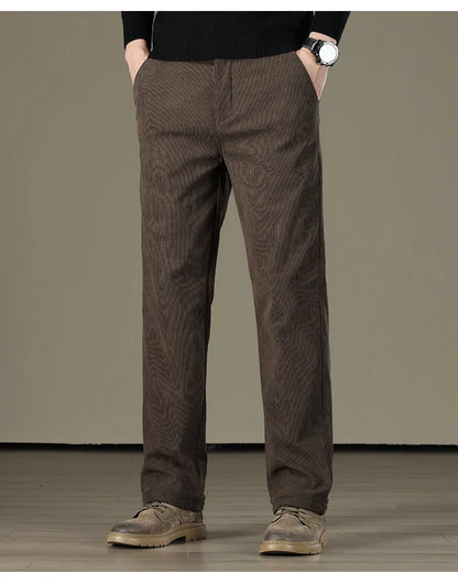 Winter Men Business Fleece Thick Casual Pants Straight Velvet Corduroy Warm Cold Resistant Bottoms Elastic Waist Trousers