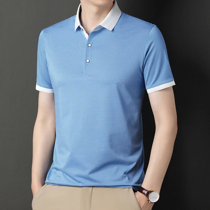2024 Men's New Striped Cotton Business Casual Short Sleeved POLO Shirt Fashion Short Sleeved Comfortable and Breathable Top