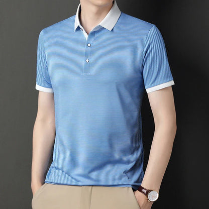 2024 Men's New Striped Cotton Business Casual Short Sleeved POLO Shirt Fashion Short Sleeved Comfortable and Breathable Top