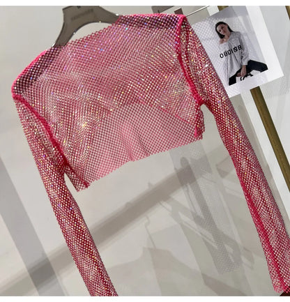 new sexy bright diamond short top Slim thin Ms. hot drill long-sleeved T-shirt sexy leak waist nightclub