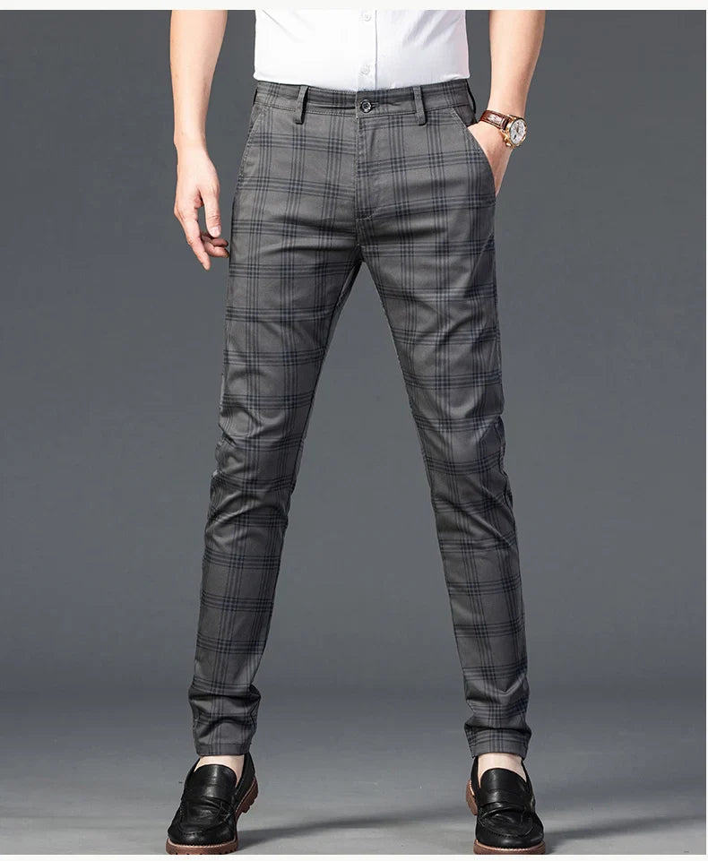 Brand Clothing Mens Casual Pants Fashion Plaid Classic Business Formal Trousers Elastic Straight Social Luxury Suit Pants
