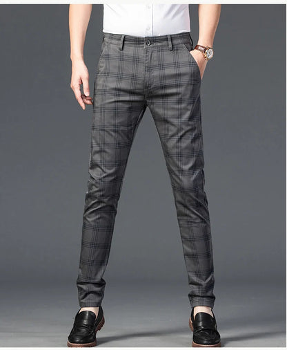 Brand Clothing Mens Casual Pants Fashion Plaid Classic Business Formal Trousers Elastic Straight Social Luxury Suit Pants