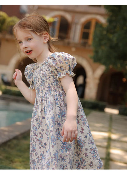 1-6Yrs Casual Summer Kids Girls Dress Floral Kids Clothes Ruffled Collar Purple Baby Girl Princess Dress New Flower Girl Dresses
