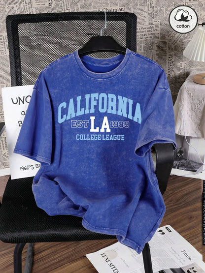 California College 1989 Printing Washed T-Shirts Mens Oversized Cotton T Shirts Summer O-Neck Short Sleeve Tops Casual Male Tees