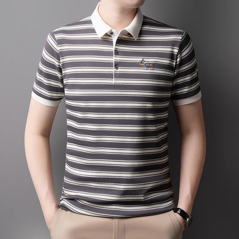 2025 Summer New Men's Polo Shirt Business Casual Collar Short Sleeve Men's Fashion Printed Stripe Half Sleeve Top