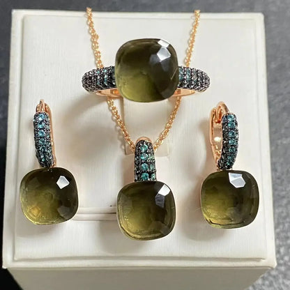 3Pcs Gun Black Plated Blue Zircon Jewelry Set for Women Includes Ring Earrings Necklace Elegant Crystal Blue Topaz Matching Gift