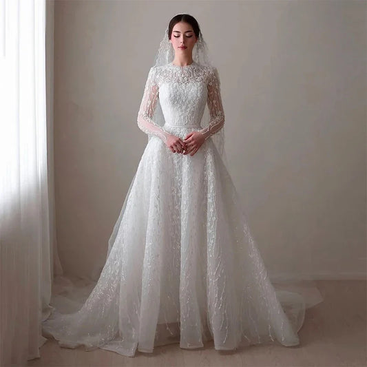 Glitter Wedding Dress Bead Organza With Embroidery A-Line Ballgown High-Neck Full Sleeve Customized Bride Dress Vestido De Novia
