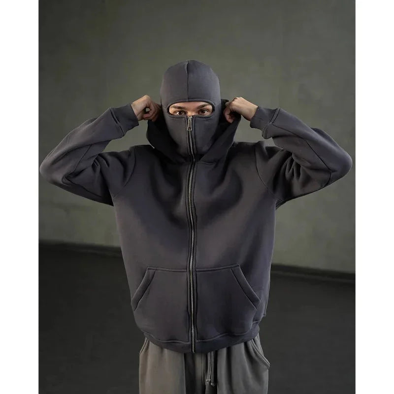 Sweatshirt with Hooded Face Mask Zipper DesignMen's Balaclava Zip Hoodie Winter Warm Casual Sports Jacket Outdoor Activities