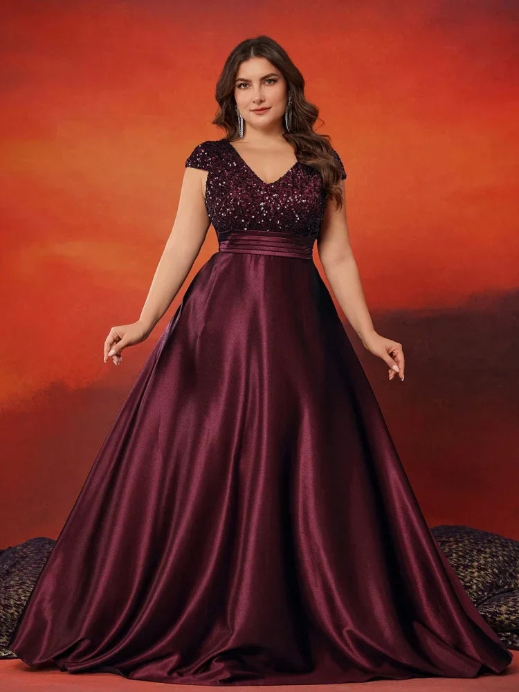 Plus Size Elegant V-Neck Red Sequins Evening Dress Long Luxury Women Satin Sleevesless Party Prom Cocktail Gowns