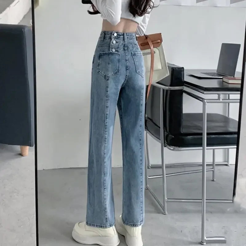 Vintage Autumn Spring Fashion Female Solid High Waist Jeans