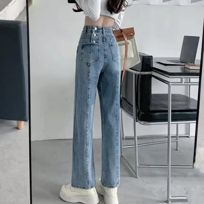 Vintage Autumn Spring Fashion Female Solid High Waist Jeans