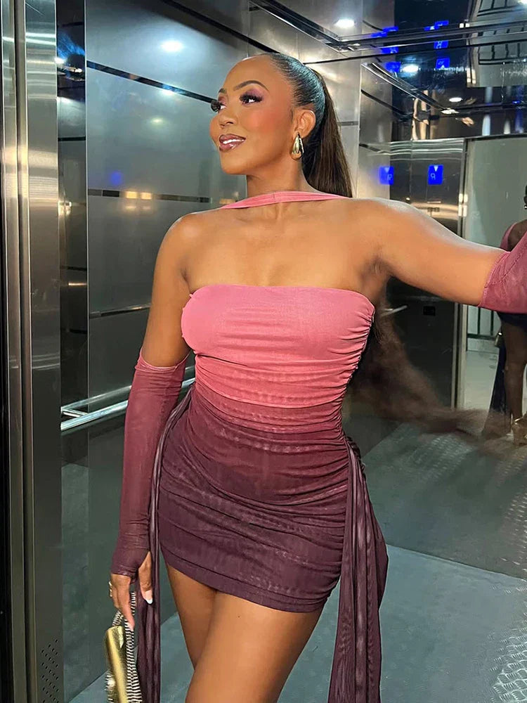 Mesh Simple Women Mini Dress Fashion Solid Strapless Ribbons Tassel Body-shaping Vestidos+Seperately Full Sleeve Gloves