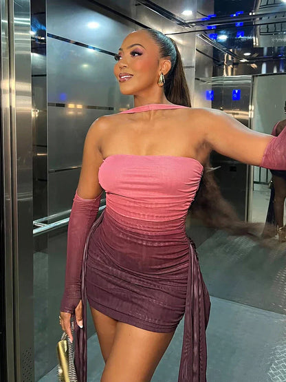 Mesh Simple Women Mini Dress Fashion Solid Strapless Ribbons Tassel Body-shaping Vestidos+Seperately Full Sleeve Gloves