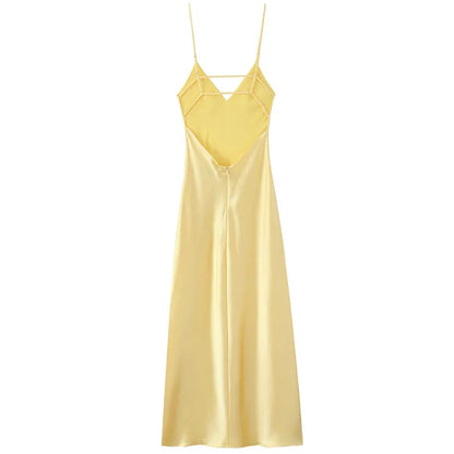 Womens Yellow Slip Dress Summer 2025 Woman Satin V-Neck Party Dresses Elegant Evening Sleeveless Backless Long Vestidos 066