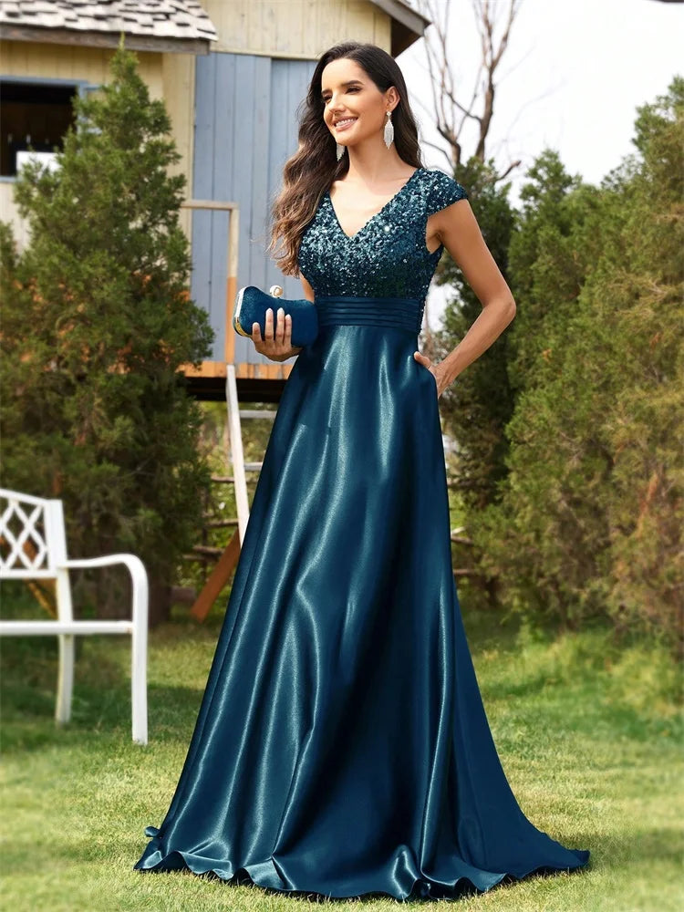 Elegant Pleated Splicing Cover sleeve  With Pockets Sequins Evening Dresses Long Luxury Women Satin Wedding Party Cocktail Gowns
