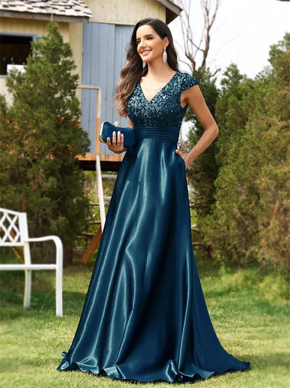 Elegant Pleated Splicing Cover sleeve  With Pockets Sequins Evening Dresses Long Luxury Women Satin Wedding Party Cocktail Gowns