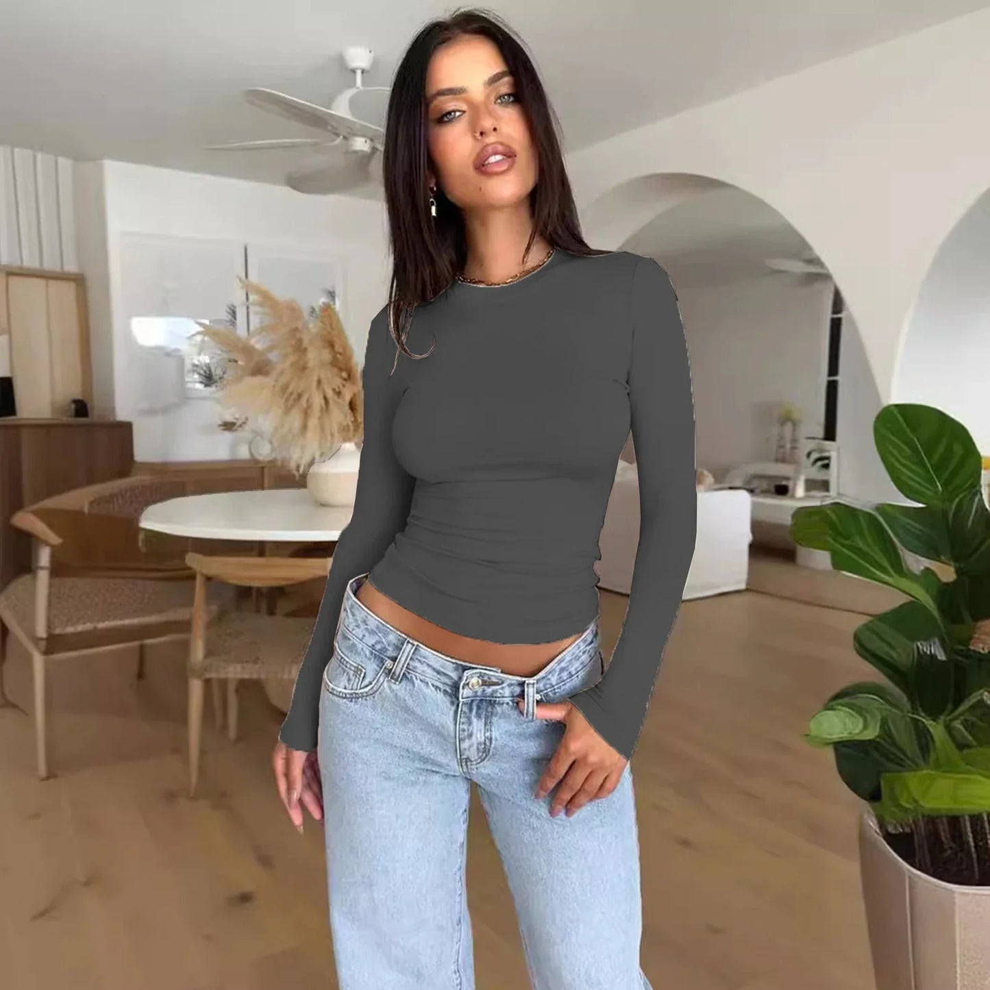 Long Sleeve T Shirt Women Autumn Winter Y2k Crop Top Casual Slim Fit Pullovers Solid O Neck T-shirts Streetwear Female Basic Tee