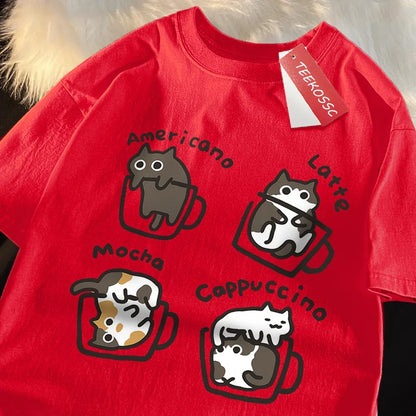 American Style Coffee Cat Print T-Shirts Man Casual Cotton T-Shirt Summer Breathable Tee Clothing Casual Loose Male T-Shirts