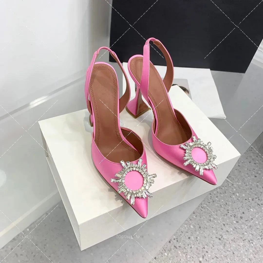 Women's Sandals 2026 New Sun Button Water Diamond Pointed High Heels Fashionable Banquet Wine Glass and Baotou Sandals