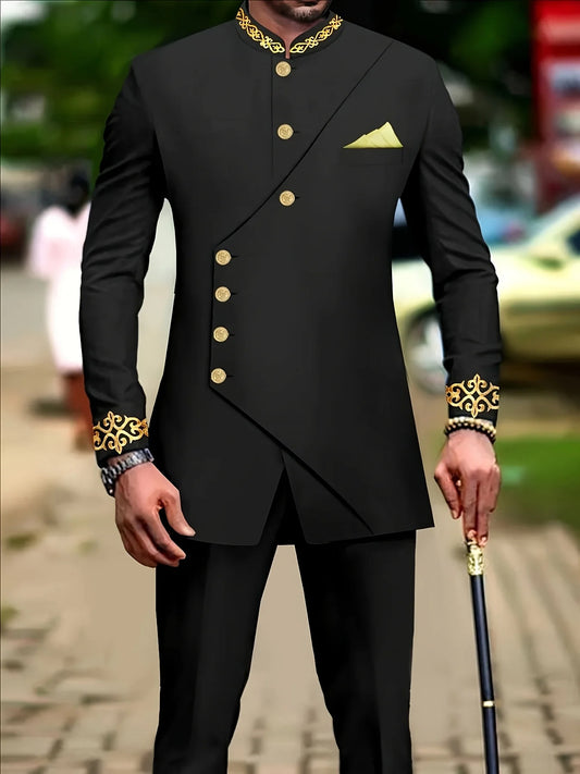 Men's casual two-piece suit set with long sleeves, mid-length jacket and trousers.