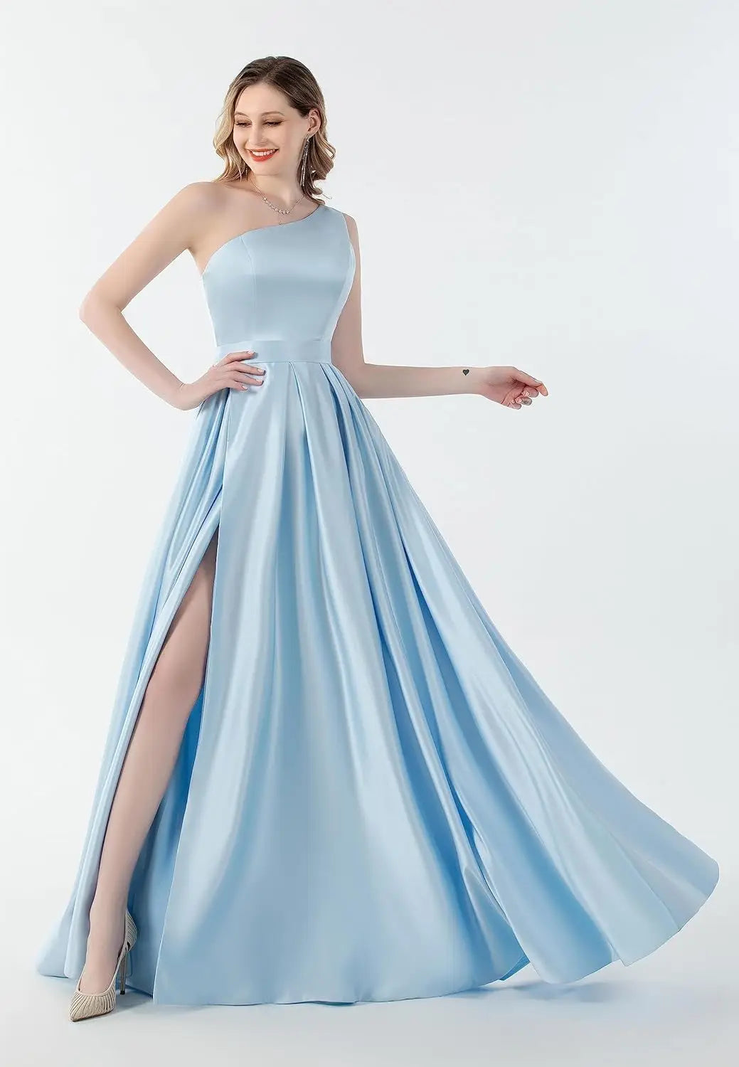 Women's One Shoulder Prom Dresses with Pocket High Slit Pleated Satin Corset Formal Gowns Evening Dress A Line Bridesmaid Gown
