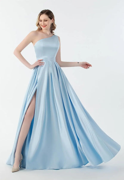 Women's One Shoulder Prom Dresses with Pocket High Slit Pleated Satin Corset Formal Gowns Evening Dress A Line Bridesmaid Gown