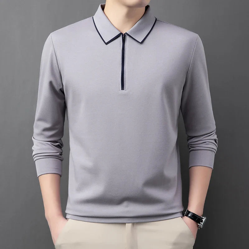 Light luxury brand long sleeved men's polo shirt autumn fashion flip collar half zipper design boutique top silk casual T-shirt