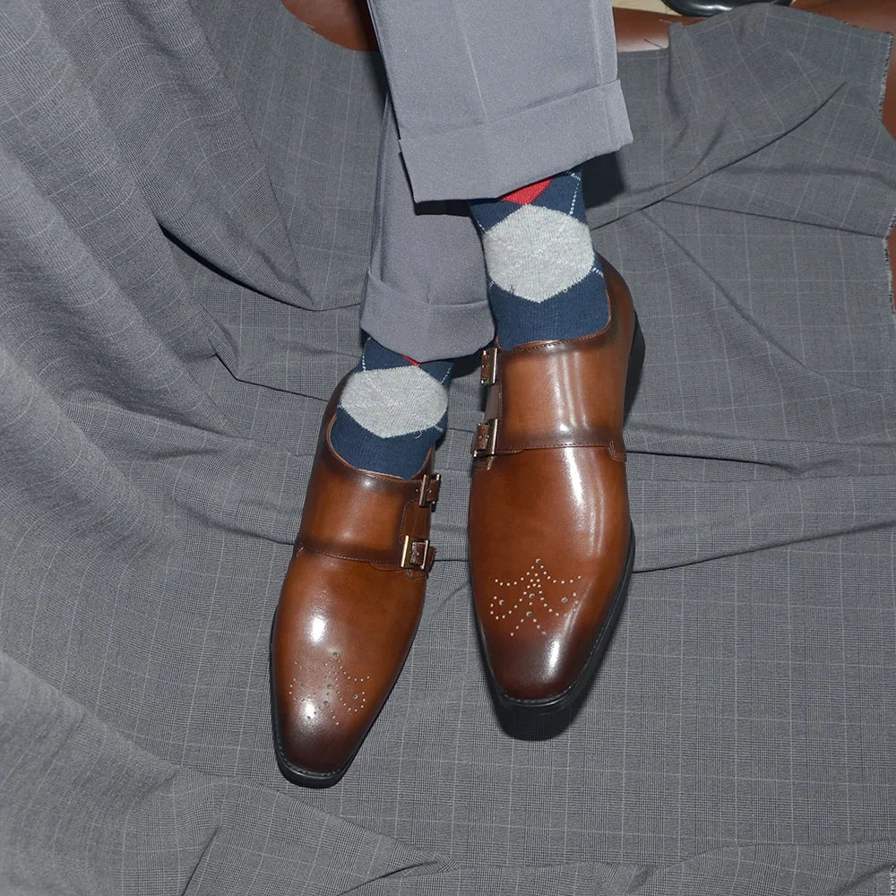 Italian Style Luxury Genuine Leather Monk Strap Men's Formal Shoes Double Buckles Brogue Pointy Toe Business Office Dress Shoes