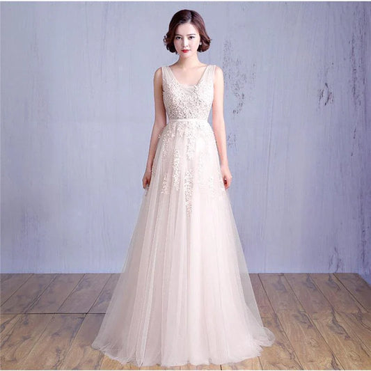 Appliques Beadeding Evening Dress Elegant Tulle Prom Dress V Neck Bridesmaid Dress Birthday Gift Vestidos De Fiesta In Stock