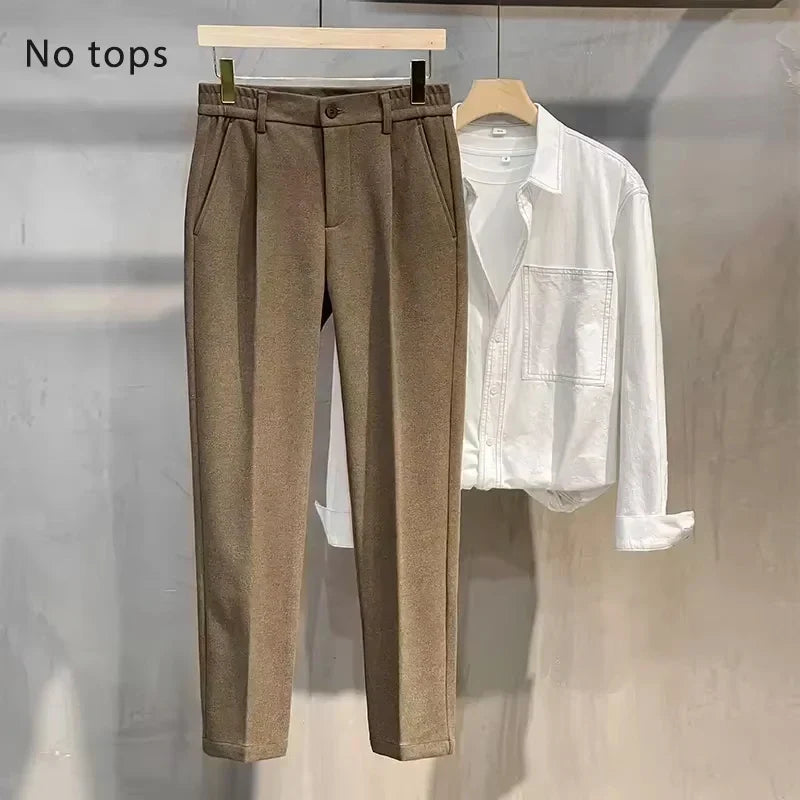 Woolen Suit Pants Men's Autumn Winter New Korean Formal Business Pants Slim Straight Elastic Waist  Fashion Tapered Trousers