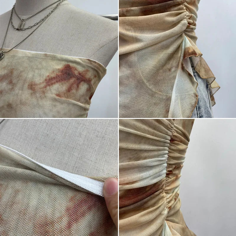 Tie Dye Summer Tops for Women Y2K Strapless Sleeveless Asymmetrical Ruffle Fishtail Ruched Stretch Mesh Vintage Clothes