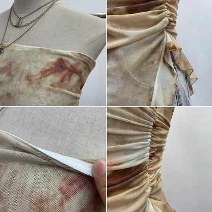 Tie Dye Summer Tops for Women Y2K Strapless Sleeveless Asymmetrical Ruffle Fishtail Ruched Stretch Mesh Vintage Clothes